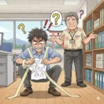 山口弁の「なおす（片付ける）」を「直す」と勘違いし、書類を修理している会社員と、困惑する上司が描かれたコミカルなイラスト。