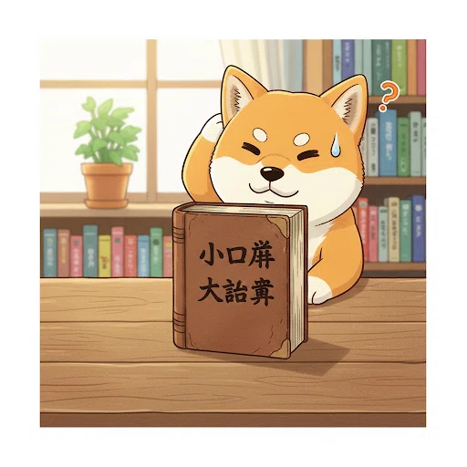 分厚い方言の辞書を前にして、「うーん」と少し考え込みながらも、上級編の難問クイズに挑もうとしているキャラクター「さんポくん」のコミカルなイラスト。