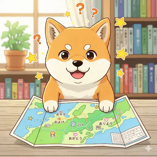 山口県の地図を広げ、これから初級編のクイズに挑戦しようと意気込んでいるキャラクター「さんポくん」のイラスト。