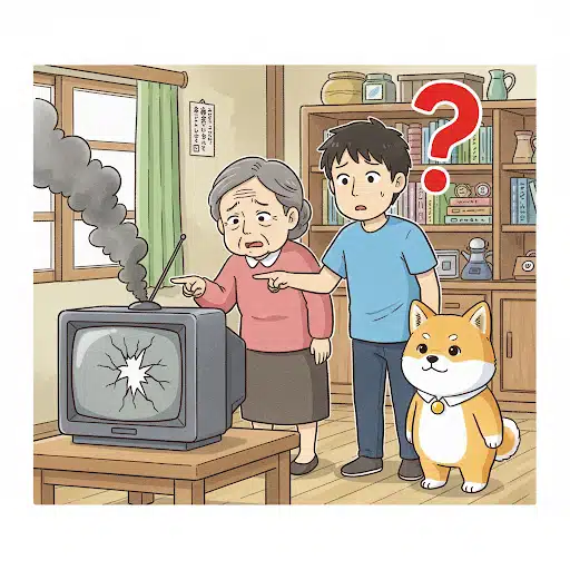 煙を吹いて故障したテレビを指して「やぶれた」と困るおばあちゃんと、テレビが紙のように破れるのを想像して混乱している若者。山口弁「やぶれる」の勘違いを描いたイラスト。