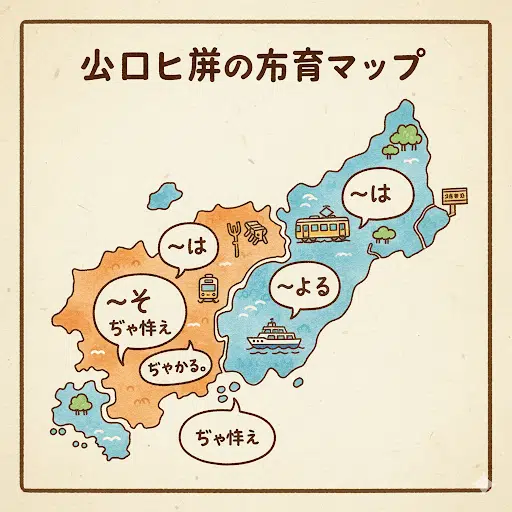 山口県の方言を比較するイラストマップ。「〜そ」や「〜ほ」、「〜じゃけぇ」といった代表的な方言が、使用される地域ごとに分かりやすく地図上に示されている。