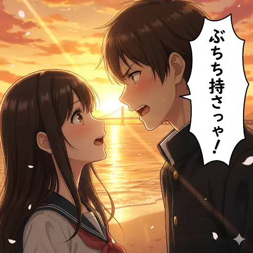 山口の美しい夕焼けの海を背景に、男子高生が女子高生に「ぶち好きっちゃ!」と力強くストレートに告白している感動的なシーン。