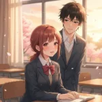 夕暮れの教室で、山口弁で告白されて嬉しそうに照れる女子高生と、それを見守る男子高生のイラスト。