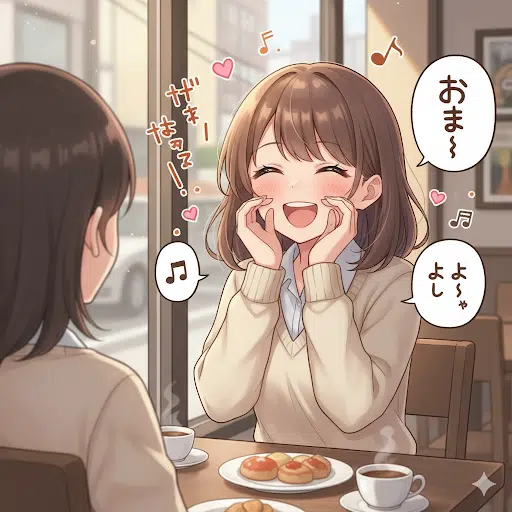 カフェで楽しそうに話す女の子のイラスト。猫のような愛らしい表情で、山口弁の語尾のかわいさを表現している。