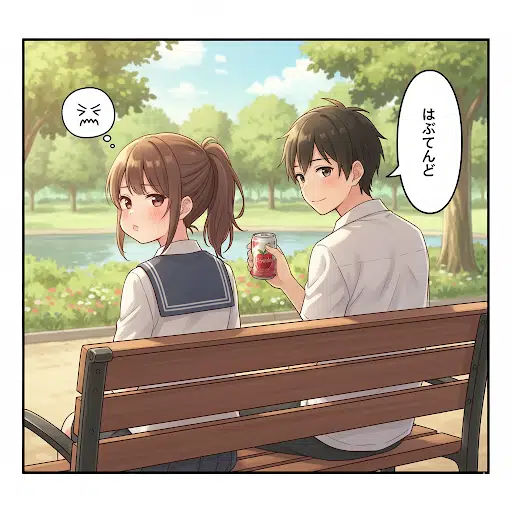 公園のベンチで、拗ねてそっぽを向いている彼女に、彼氏が「はぶてんで」と優しく声をかけ、仲直りしようとしている微笑ましいイラスト。