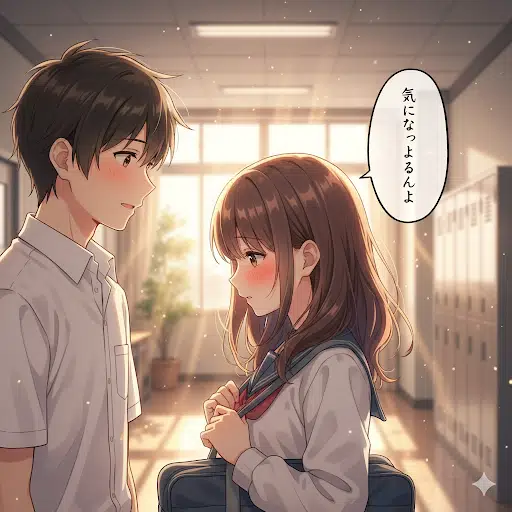 放課後の廊下で、女子高生が恥ずかしそうに「気になっちょるんよ」と男子高生に奥ゆかしく好意を伝えている初々しいシーン。