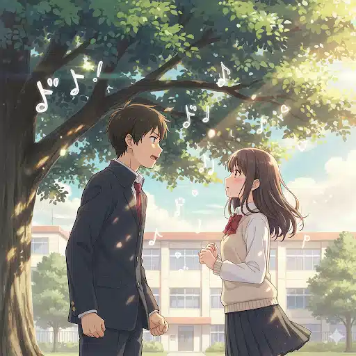 学校の木の下で、告白しようと緊張している男子高生と、それを見つめる女子高生。山口弁の愛情表現のシーンをイメージしたイラスト。
