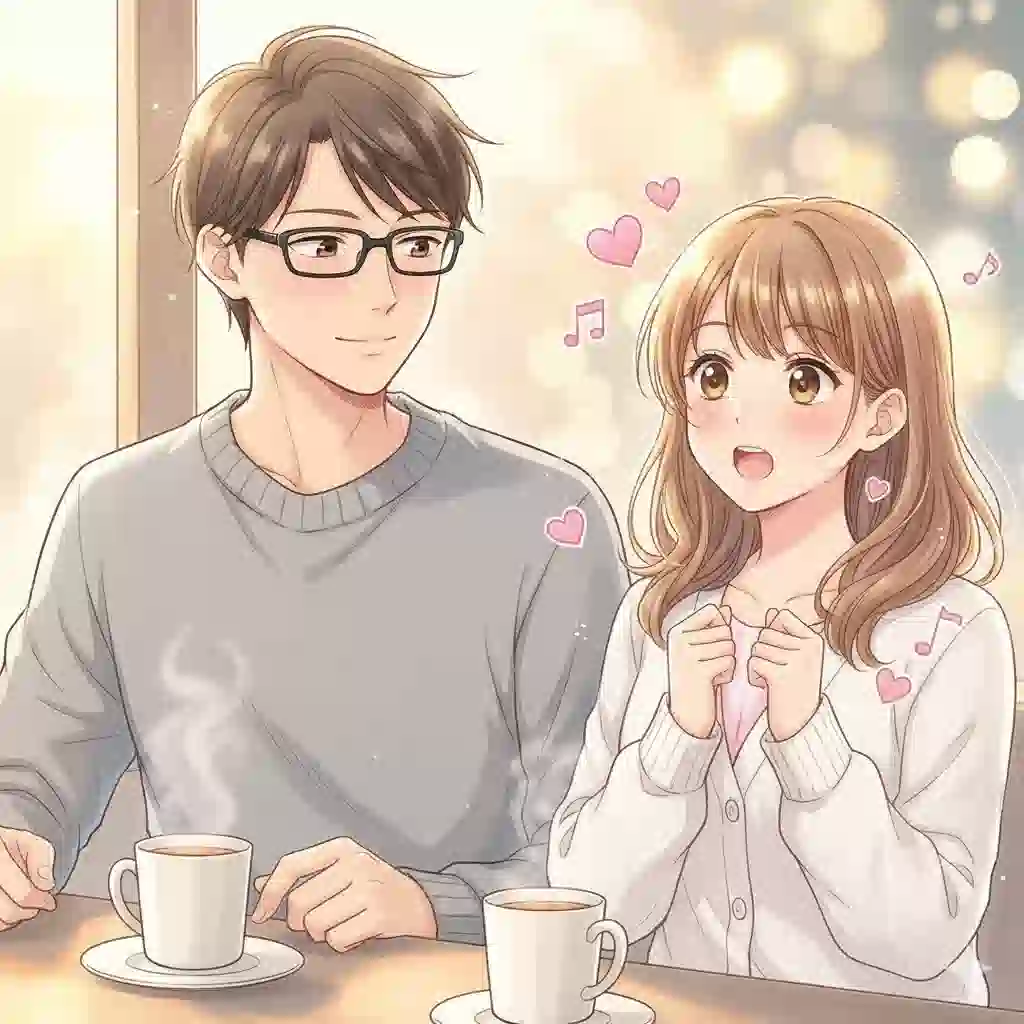 普段はクールな男性がふと見せた優しい笑顔と方言に、女性がドキッとしている瞬間を描いたアニメ風イラスト。