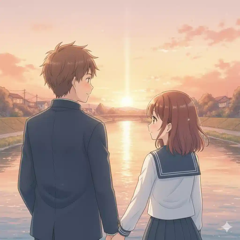 夕暮れの川沿いを並んで歩く若いカップルの後ろ姿。二人の関係が深まっていることを感じさせるアニメ風イラスト。