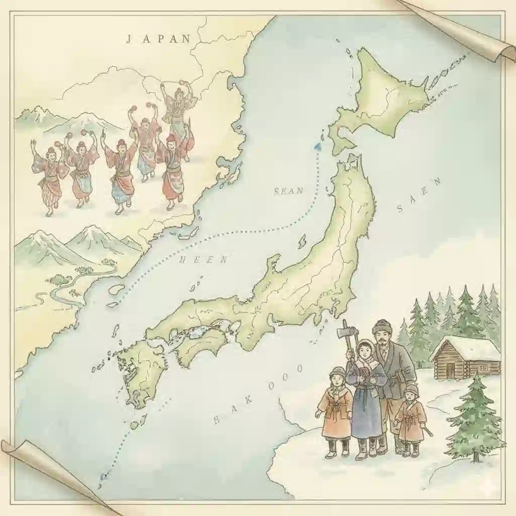 徳島から北海道への人の移動と言葉の旅を象徴する、古い地図と阿波おどり、北海道の開拓者の姿を重ねたノスタルジックな水彩画。