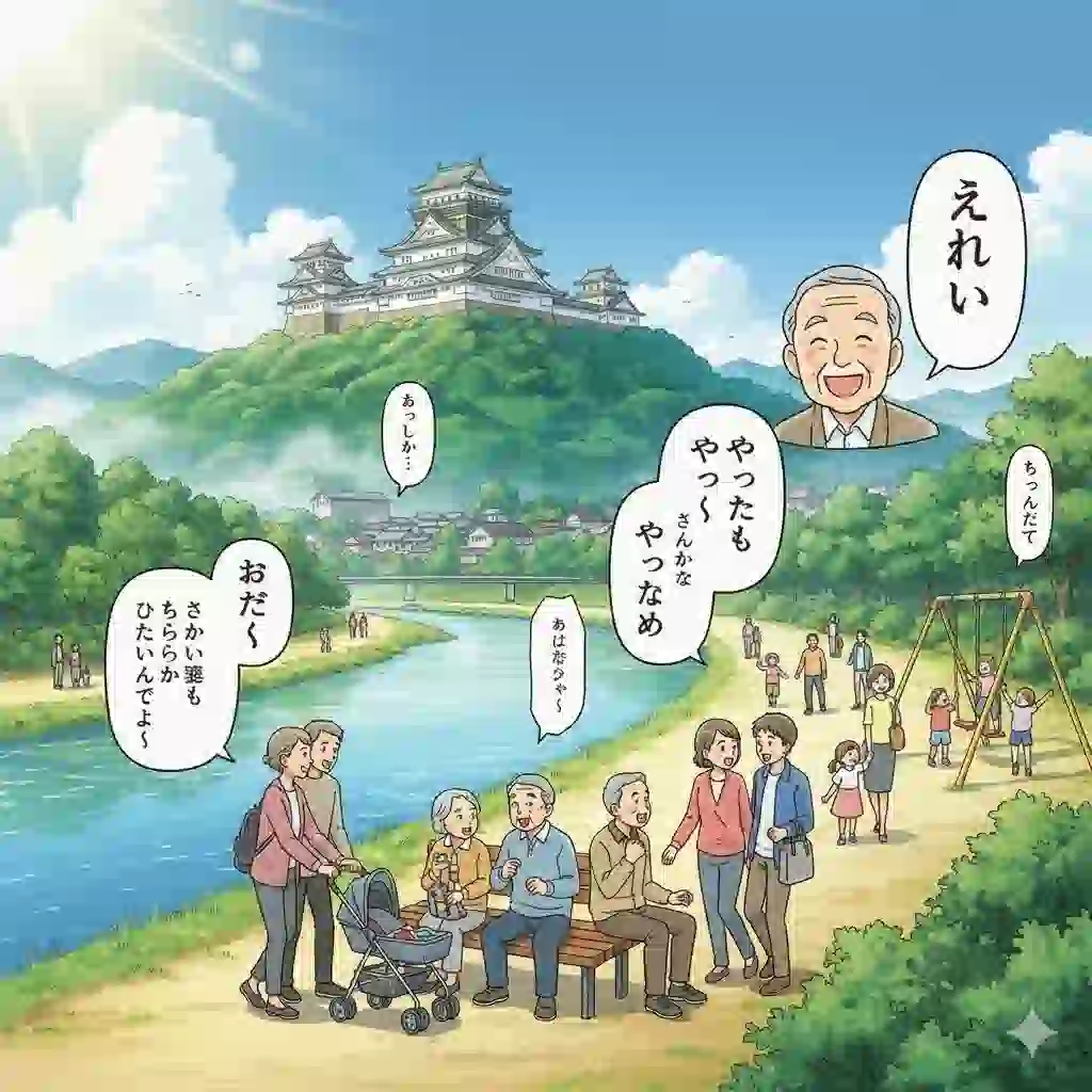 岐阜城と長良川を背景に、様々な年代の人々が「えらい」「やっとかめ」といった岐阜弁の吹き出しと共に楽しそうに会話している様子を描いた、明るいアニメ風イラスト。