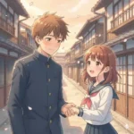 岐阜の古い町並みを背景に、男子高校生が女子高校生に照れながら告白している、心温まるアニメ風のイラスト。