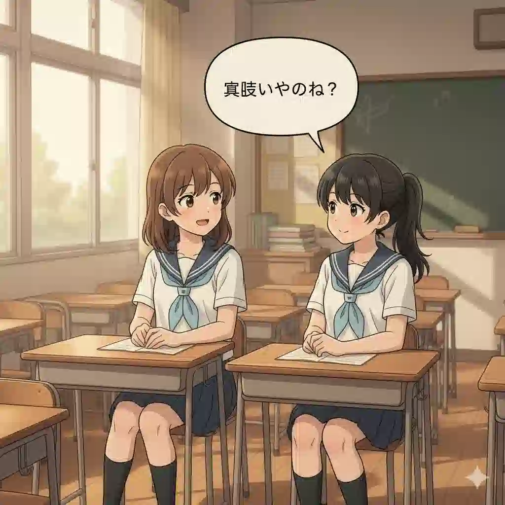 放課後の日差しが差し込む教室で、二人の女子高生が「〜やおね?」という可愛い岐阜弁の語尾を使って楽しそうにおしゃべりしている、穏やかで微笑ましいアニメ風イラスト。