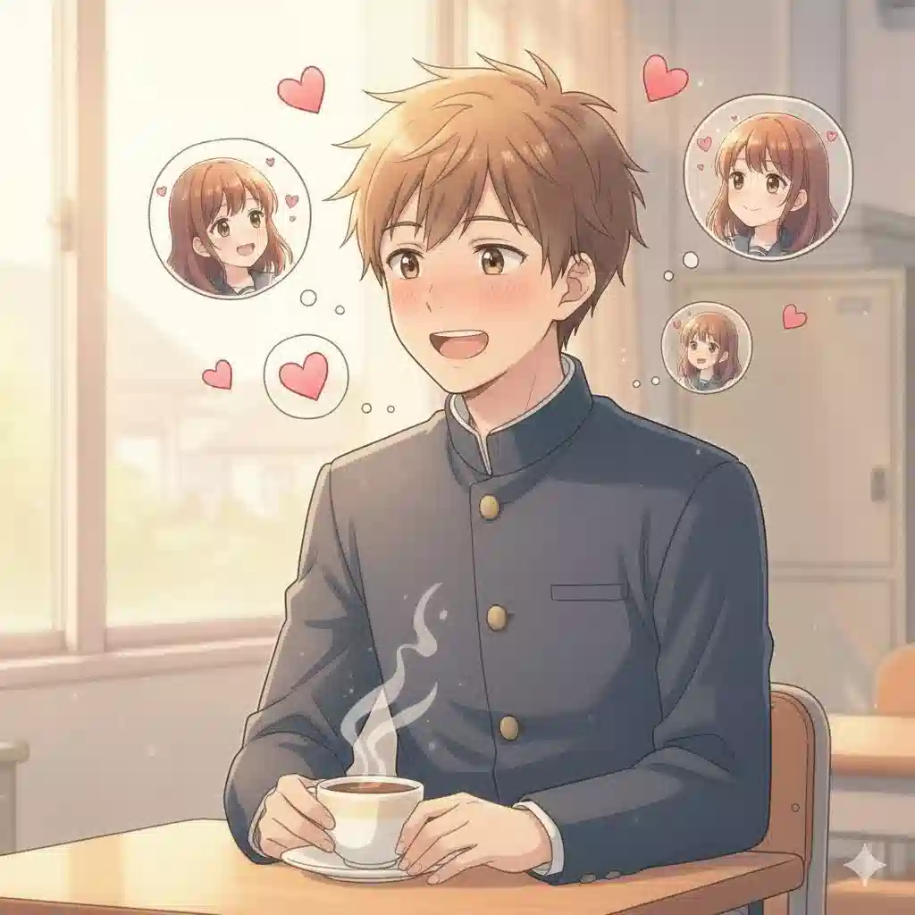 好きな女の子のことで頭がいっぱいになっている男性の様子を、頭の周りに彼女の顔が浮かぶ様子で表現した、可愛らしいアニメ風イラスト。