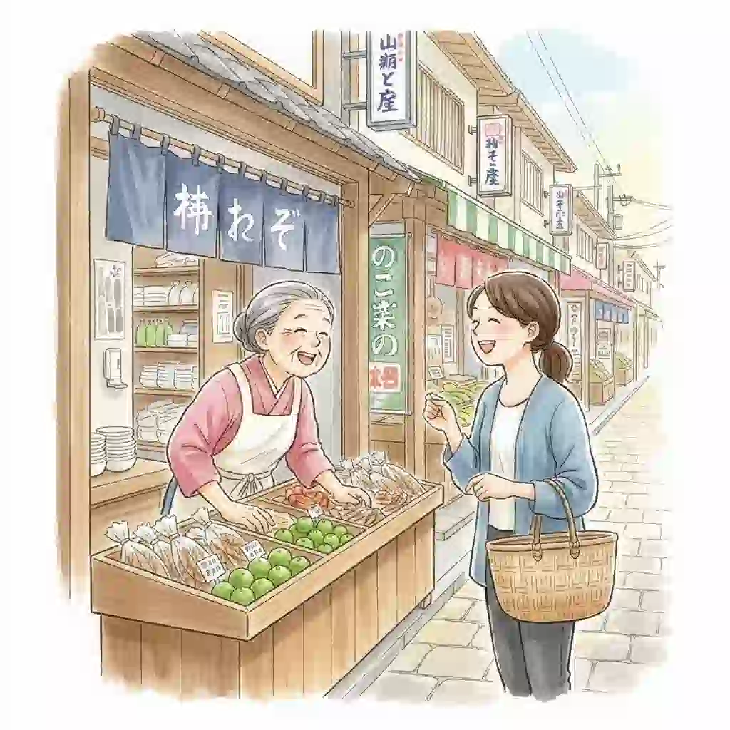 徳島の商店街で、店主とお客さんがにこやかに会話している日常風景の水彩画風イラスト。「どちらいか」が使われる具体的な場面を表現している。