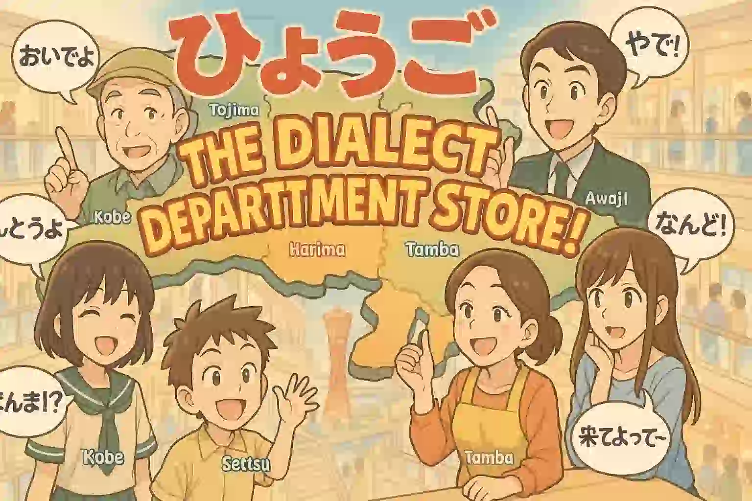 兵庫県の地図をデパートに見立て、神戸・播州・但馬など各地域を象徴する多様な人々が方言で話している、にぎやかで楽しげなアニメ風イラスト。