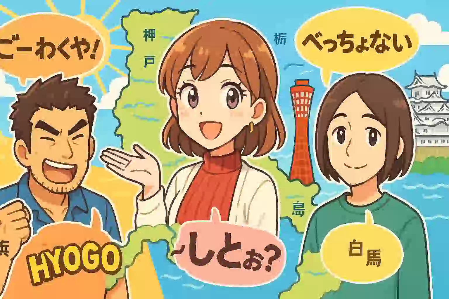 兵庫県の地図を背景に、神戸・播州・但馬を象徴する3人の男女が、それぞれの代表的な方言（しとぉ？、ごーわくや！、べっちょない）を話している、楽しげなアニメ風イラスト。