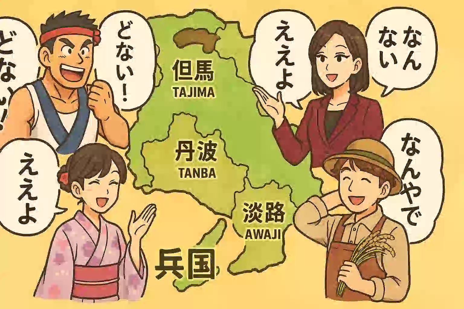 兵庫県の地図を背景に、播磨・摂津・但馬・丹波・淡路という「五国」を象徴する5人のキャラクターが、それぞれの方言で楽しげに話しているイラスト。