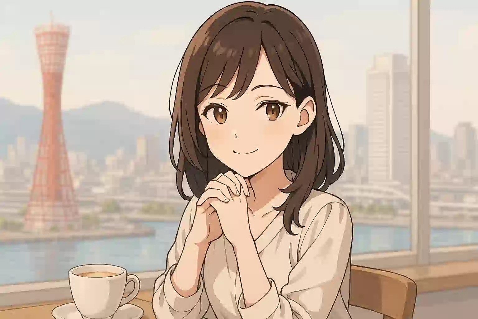 神戸の港が見えるカフェで、天使のような「かわいい」笑顔と、小悪魔のような「あざとい」笑みを同時に見せる女性。神戸弁の二面性を象徴するイラスト。