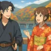 京都・嵐山の渡月橋を背景に、アニメキャラクター風の若い男女が楽しそうに話しているアイキャッチ画像。
