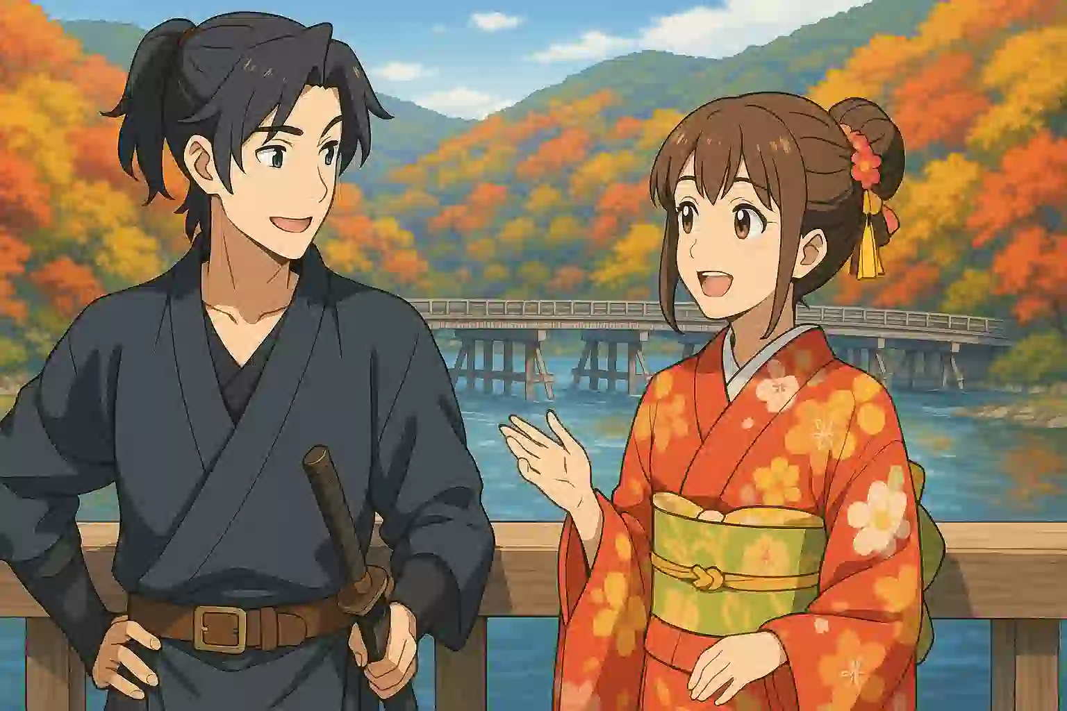 京都・嵐山の渡月橋を背景に、アニメキャラクター風の若い男女が楽しそうに話しているアイキャッチ画像。