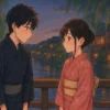 京都の鴨川の橋の上で、着物姿の男女がはにかみながら見つめ合っている、恋愛をテーマにしたイラスト。