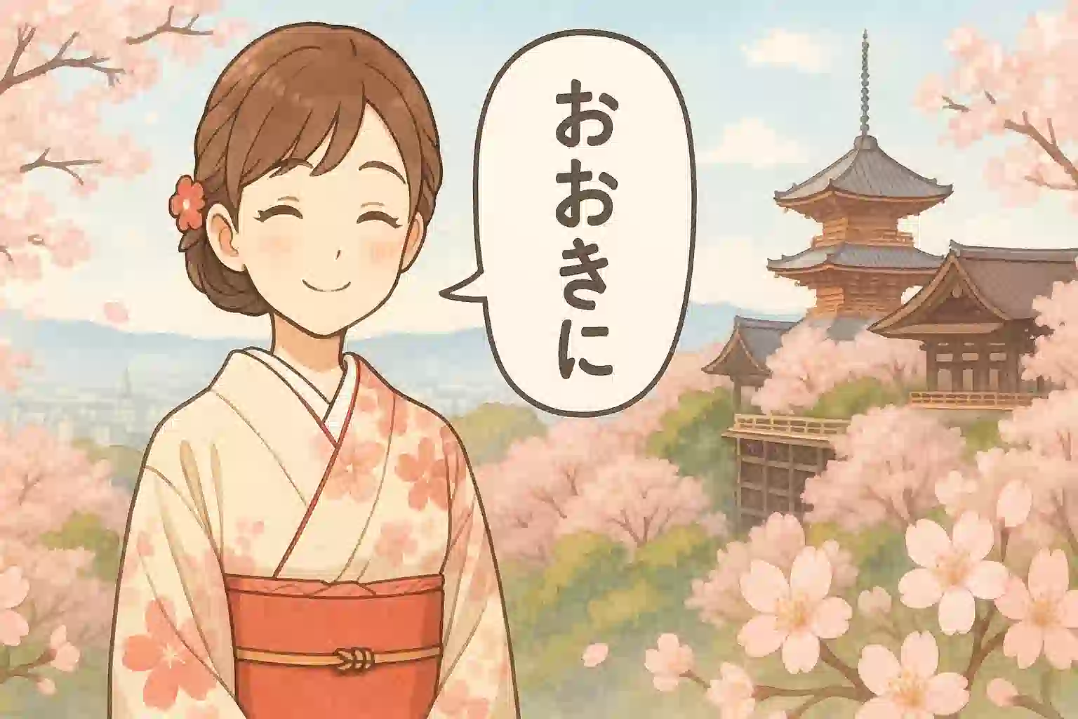清水寺を背景に、着物姿の女性が「おおきに」と微笑んでいる、京都弁ガイドのアイキャッチ画像。