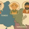 京都府の地図が南部・中部・北部の3つのエリアに色分けされ、それぞれを象徴する舞妓・農家・漁師のイラストが描かれているアイキャッチ画像。