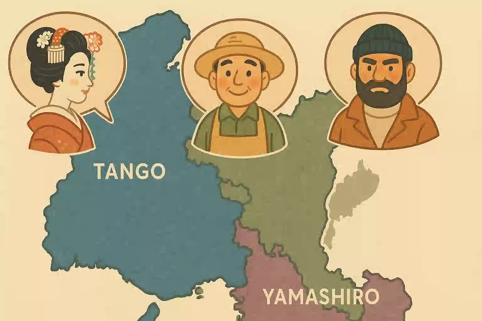 京都府の地図が南部・中部・北部の3つのエリアに色分けされ、それぞれを象徴する舞妓・農家・漁師のイラストが描かれているアイキャッチ画像。