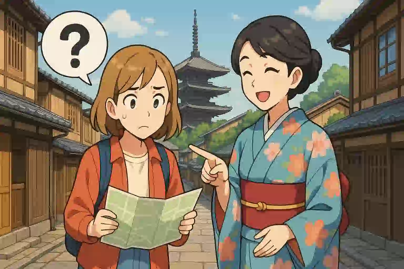 京都の町並みを背景に、着物姿の女性に道を尋ねた観光客の女性が、方言が分からず頭にはてなマークを浮かべている様子のコミカルなイラスト。