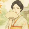 京都の本音と建前を象徴する、扇子で口元を隠し、含みのある優しい笑みを浮かべた着物姿の女性のイラスト。
