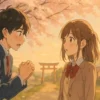 三重県ののどかな風景の中、桜の木の下で男子高校生が女子高校生に告白している、淡い色合いのアニメ風イラスト。