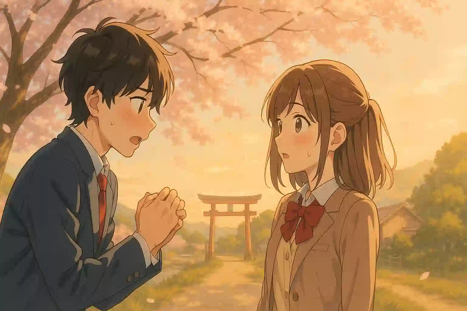 三重県ののどかな風景の中、桜の木の下で男子高校生が女子高校生に告白している、淡い色合いのアニメ風イラスト。