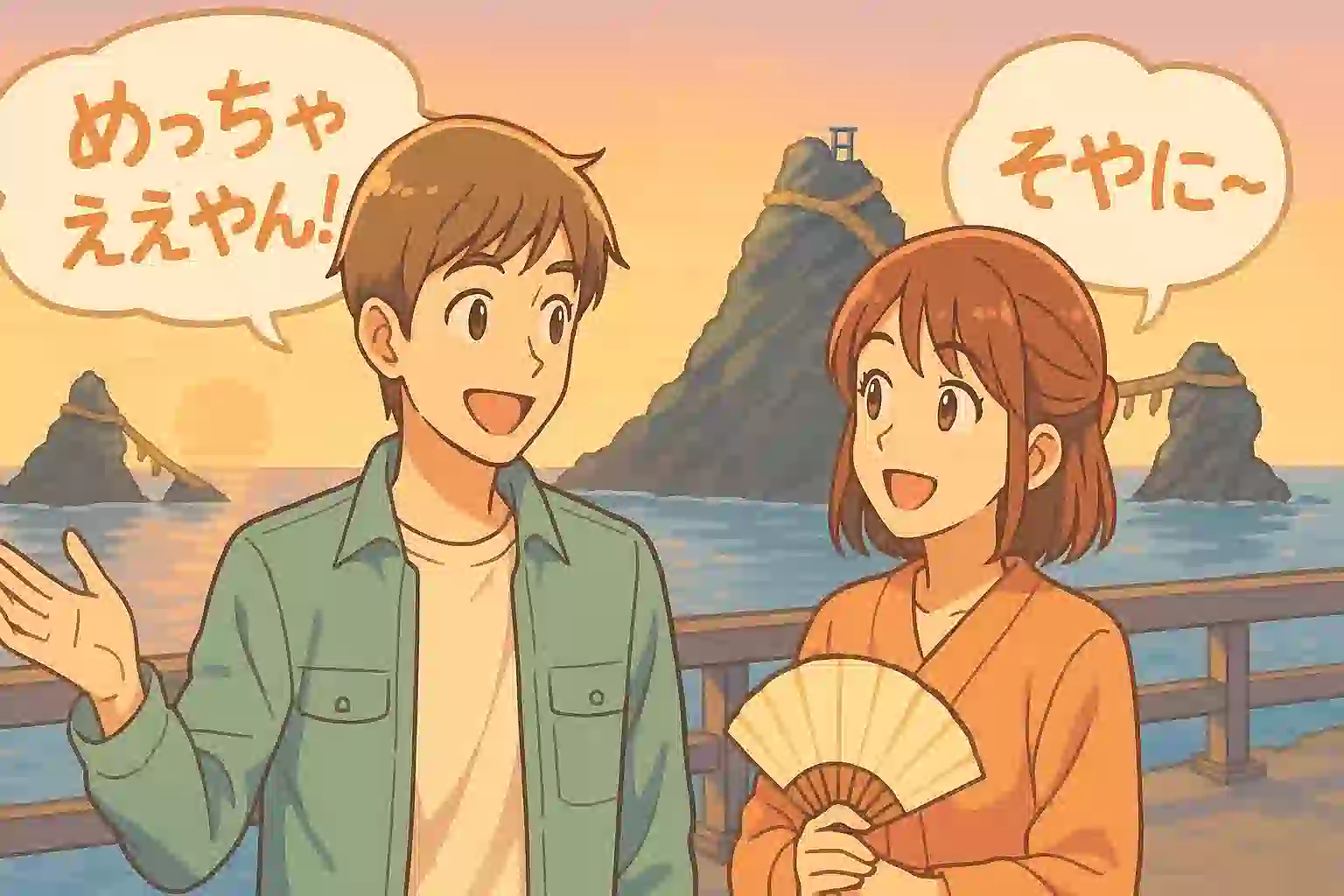 三重県の夫婦岩を背景に、若い男女が「〜やん！」「〜やに」といった三重弁のフキダシと共に笑顔で会話しているアニメ風のアイキャッチ画像。