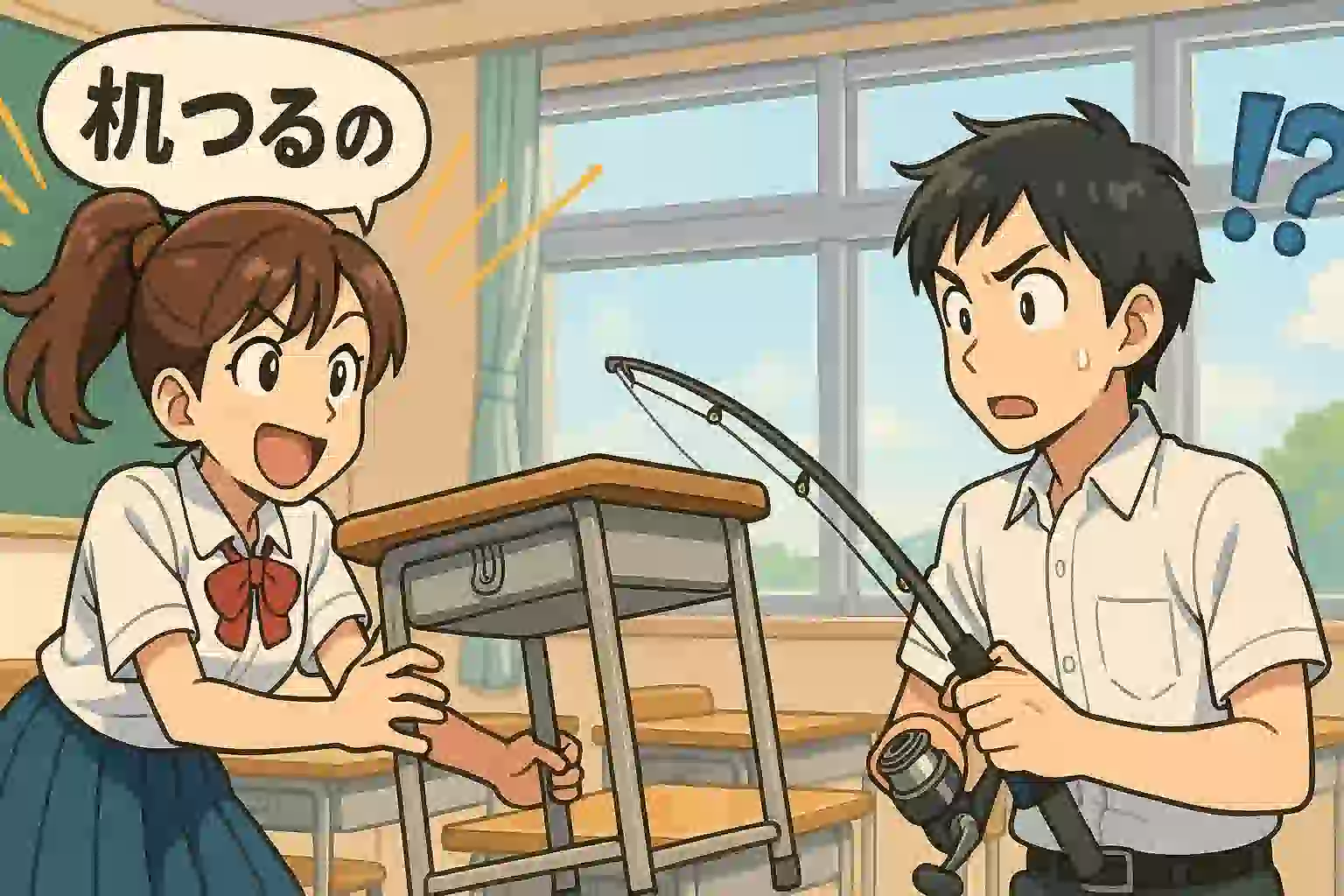 三重弁の「机をつる」を勘違いした面白いシーンのイラスト。女子生徒が机を運ぼうとしているのに対し、男子生徒が机を釣竿で釣ろうとして困惑している。