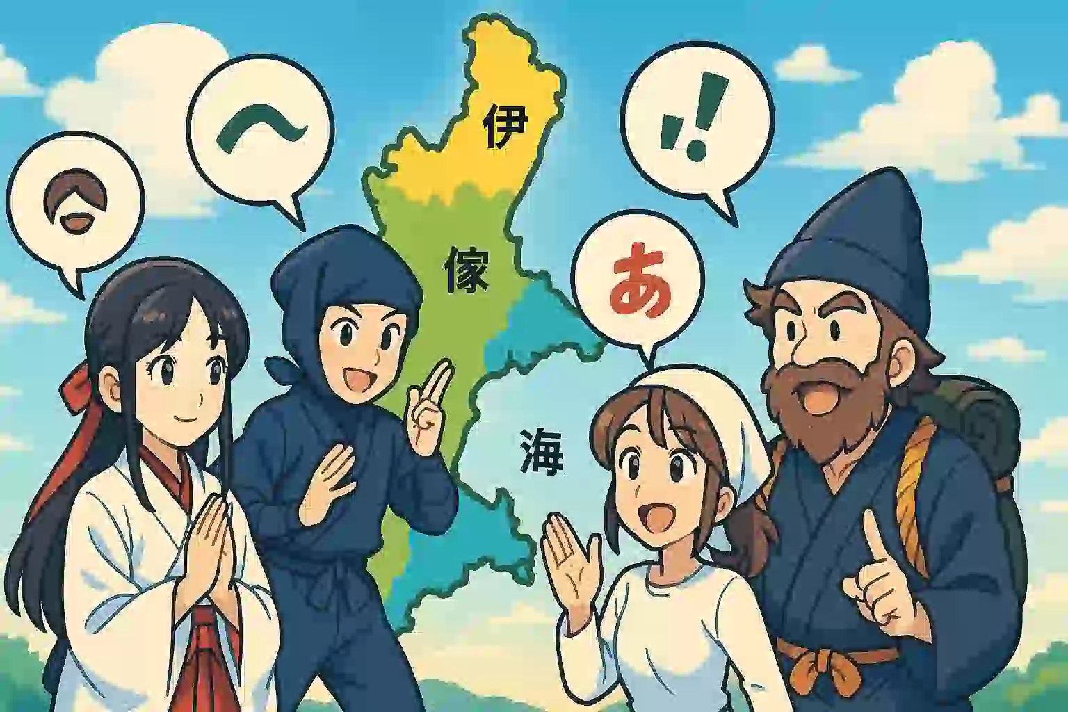 三重県の地図を中心に、伊勢の巫女、伊賀の忍者、志摩の海女、紀州の山伏という4地域のキャラクターが楽しげに会話しているイラスト。三重弁の多様性を表現。