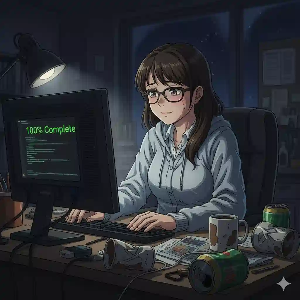 厳しい納期の中、徹夜で作業を終え、安堵の表情を浮かべるエンジニアのイラスト。エナジードリンクの空き缶が散らばる机が、「むりくり」間に合わせた必死さを物語っている。