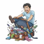 小さすぎるスーツケースに大量の荷物を汗だくで「むりくり」詰め込もうとしている男性のコミカルなイラスト。「むりくり」の必死なニュアンスを表現している。