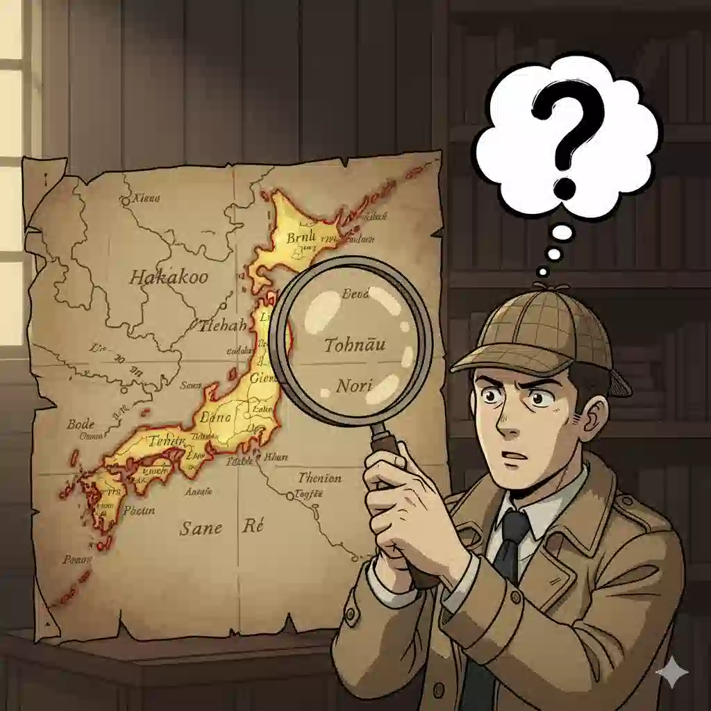 探偵風のキャラクターが、北海道・東北地方がハイライトされた古い地図を虫眼鏡で覗き込んでいるイラスト。「むりくり」の語源が方言であるという説の謎を探るイメージ。