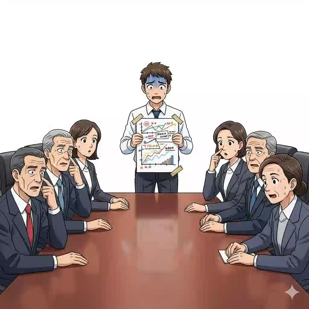 厳粛なビジネス会議で、手作り感満載の資料を「むりくり」使ってプレゼンし、役員たちを困惑させている若手社員のイラスト。「むりくり」をフォーマルな場面で使うことの不適切さを示している。