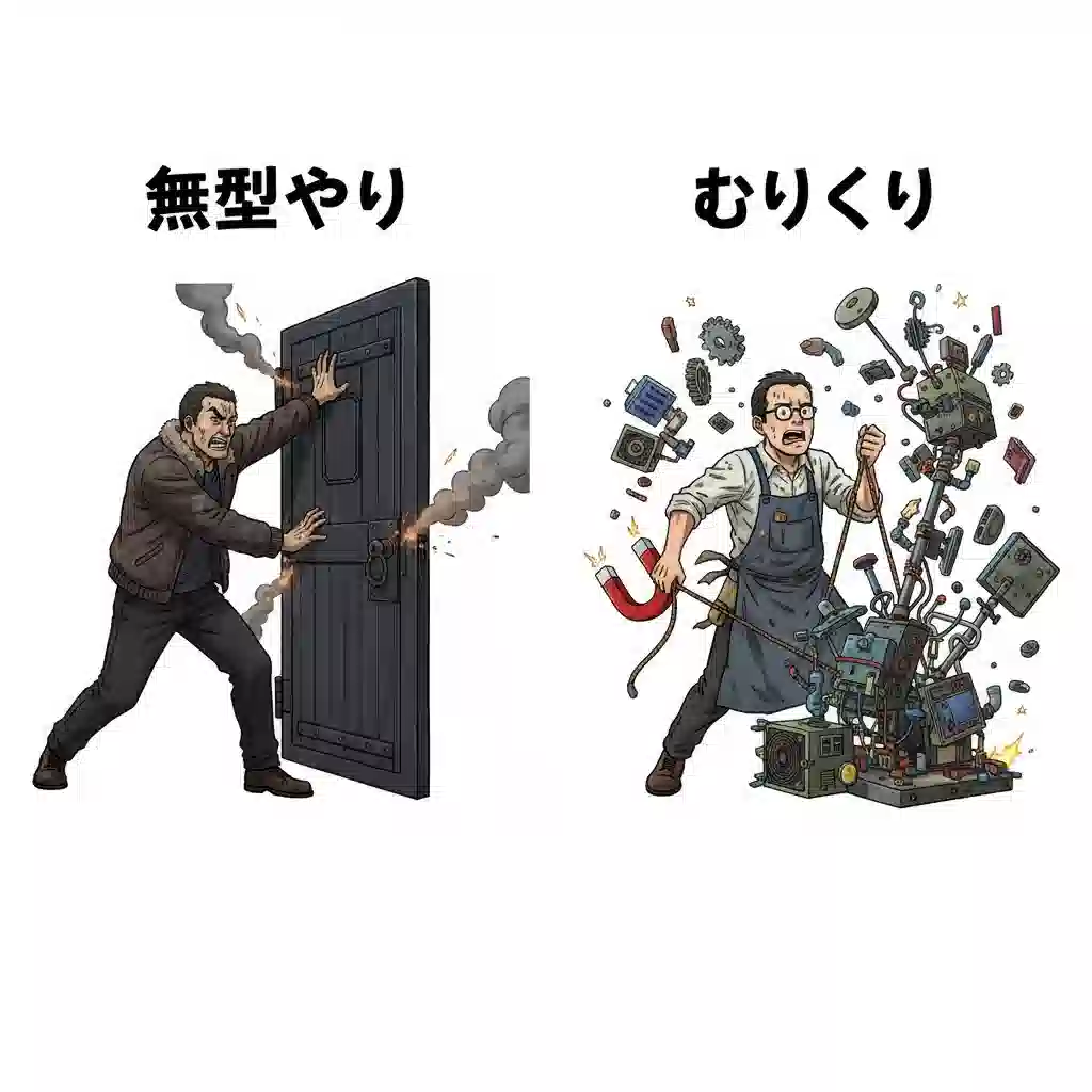 「無理やり」ドアを押してこじ開ける男性と、「むりくり」バラバラの部品を引き寄せて組み立てる男性を対比させたイラスト。「押す」と「引く」のイメージで二つの言葉の違いを示している。