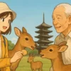 奈良公園で鹿にせんべいをあげながら、地元の男性と奈良弁で楽しそうに会話する女性旅行者。背景には興福寺の五重塔が見える。