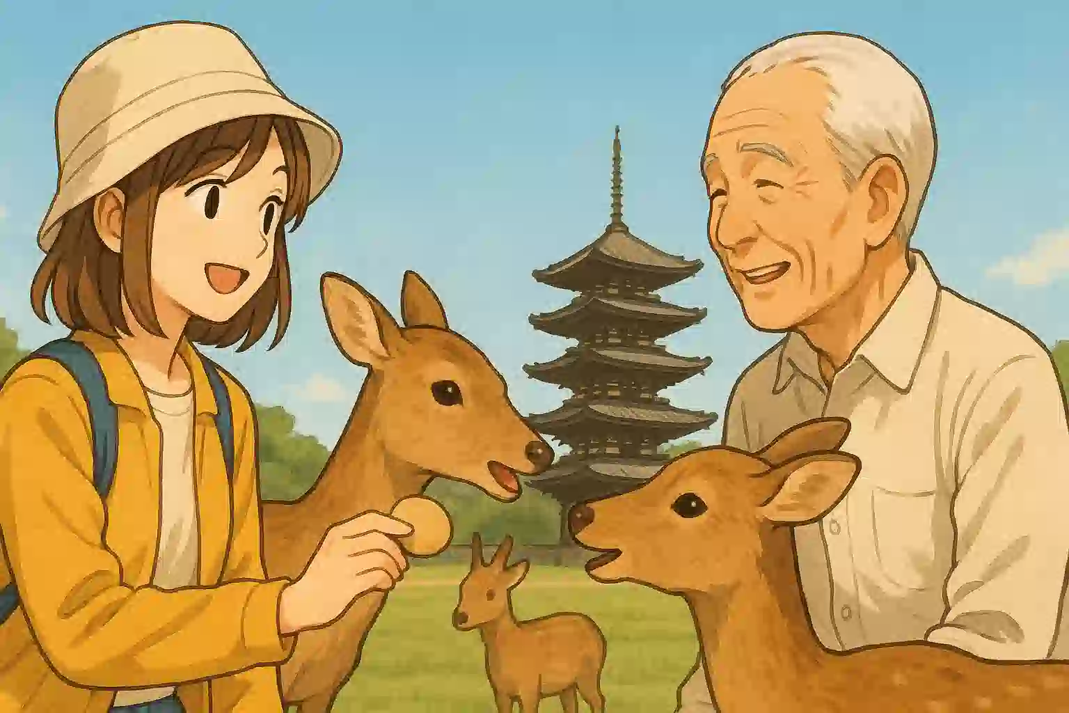 奈良公園で鹿にせんべいをあげながら、地元の男性と奈良弁で楽しそうに会話する女性旅行者。背景には興福寺の五重塔が見える。