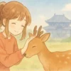 奈良公園で鹿を優しく撫でている、おっとりとした雰囲気のアニメの女の子。背景には東大寺が見える。