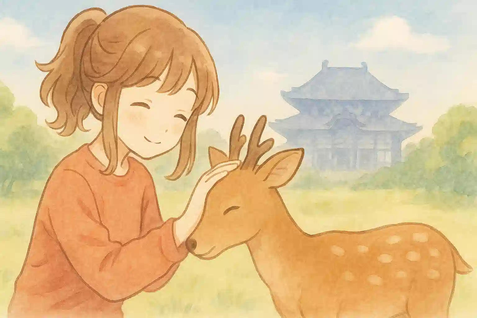 奈良公園で鹿を優しく撫でている、おっとりとした雰囲気のアニメの女の子。背景には東大寺が見える。