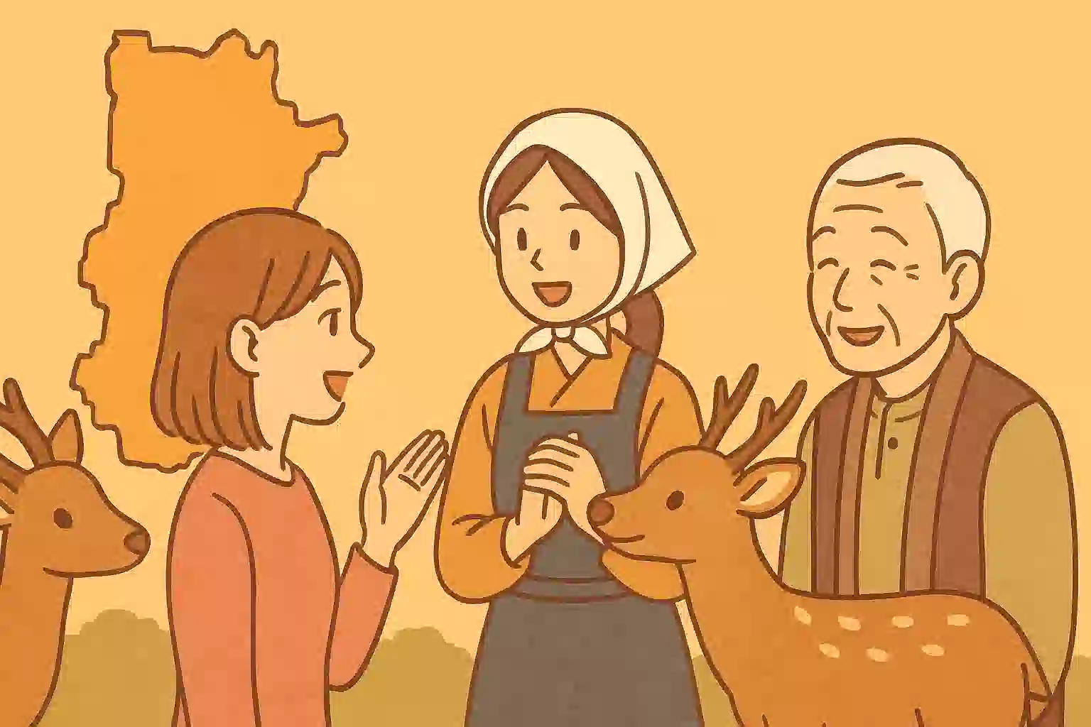 奈良県の方言の多様性を象徴するイラスト。デフォルメされた奈良の地図を背景に、北部、中部、南部の3つの地域を代表する人々が鹿と一緒になごやかに会話している。