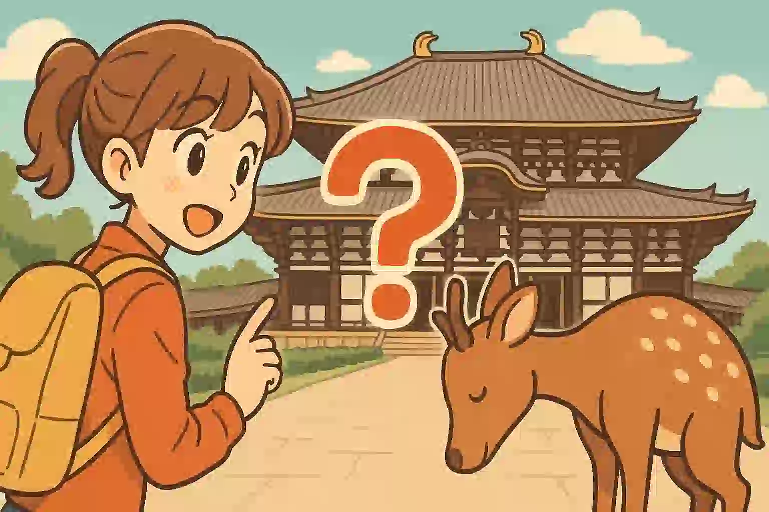 奈良の大仏殿とお辞儀する鹿を背景に、観光客の女性が奈良弁のクイズに興味を持っている様子のアイキャッチイラスト。