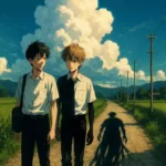 アニメ『光が死んだ夏』をイメージした、夏の田舎道を歩く二人の少年。一人の影がどこか異質で不穏な雰囲気を漂わせている。