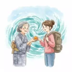 徳島の鳴門の渦潮を背景に、地元の女性が旅行者に温かい笑顔でみかんを渡している、心温まる水彩画風のイラスト。「どちらいか」の感謝の心が表現されている。