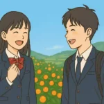 和歌山名物のみかん畑を背景に、制服姿の高校生の男女が和歌山弁で楽しそうに会話している、温かみのあるイラスト。